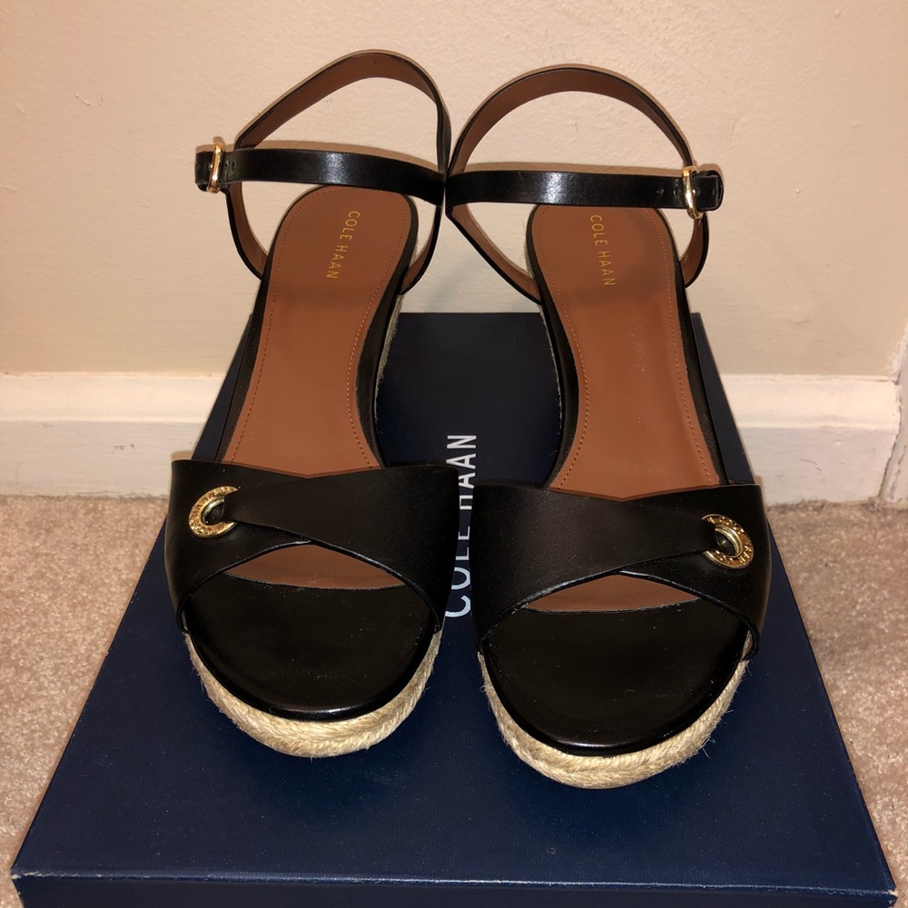 Black Leather Cole Haan Wedge Sandals
